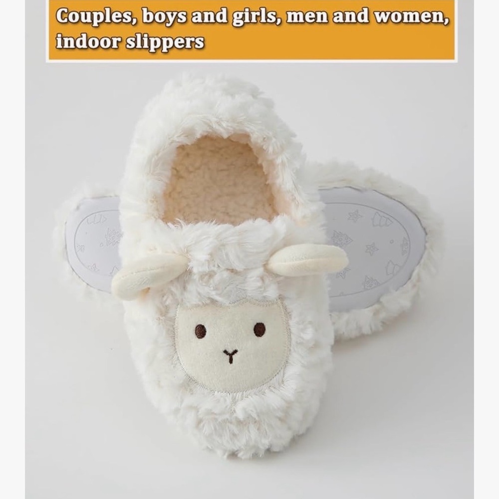New Cute Sheep Alpaca Plush Slippers White Fuzzy Furry House Shoes S/M (36-38) - Picture 2 of 5